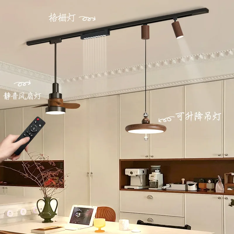 New fan light track can be lifted and shifted restaurant chandelier log wind ins Internet celebrity island bar light
