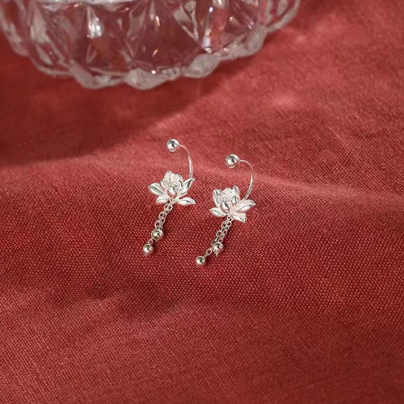 925 الفضة إبرة لوتس سلسلة شرابة النبات وأقراط للنساء الكلاسيكية حزب غرامة مجوهرات صغيرة المتخصصة الفاخرة اكسسوارات