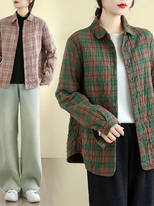 

Thiened Cotton Plaid irt Loose Fit Winter Vintage Large Size New Sle Big Plaid Blouse Casual Sle Printed Long Sve