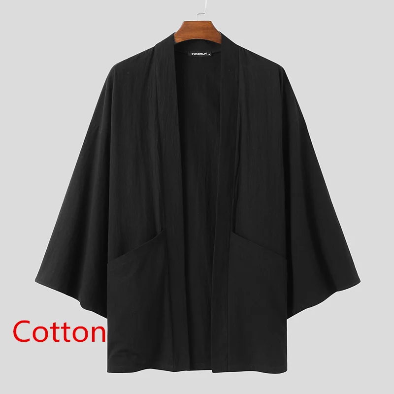 Mode Männer Graben Baumwolle Öffnen Stich Mäntel Solide Langarm Casual Japanischen Kimono Streetwear Strickjacke 2023 Oberbekleidung INCERUN