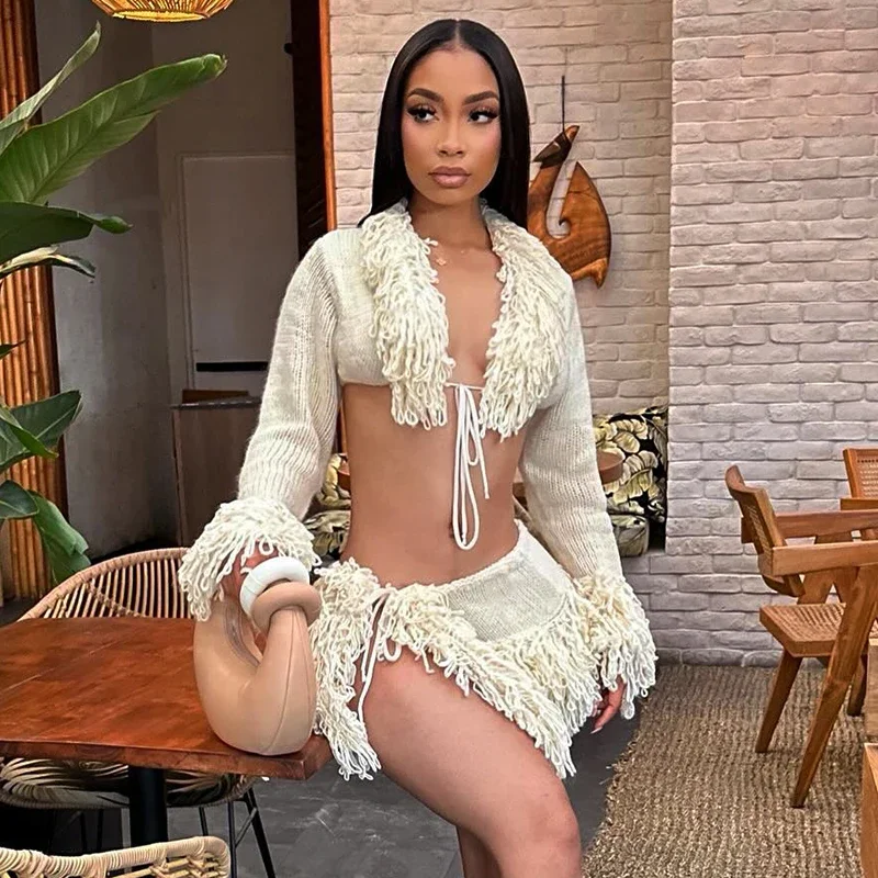 

2025 New French Knit Sexy Set Tie Cardigan Long Sleeve Navel Top + Fashion Sexy Mini Skirt Set For Y2K Hottie Girl Wear