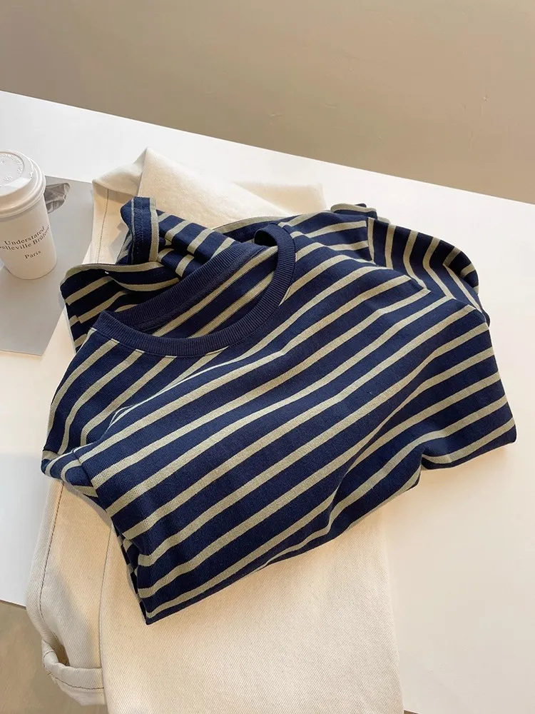 ルーズフィット ロングスリーブ ラウンドネック Tシャツ レディース 春秋 カジュアル 快適 レトロ ミリタリー ストライプ トップス