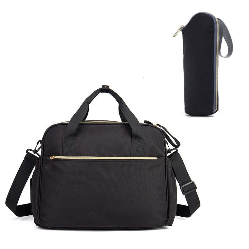 Waterproof Black Diaper Bag Oxford Cloth Large Capacity Nursing Changing Tote Bag for Newborn Baby with Warmer Insulation Bag