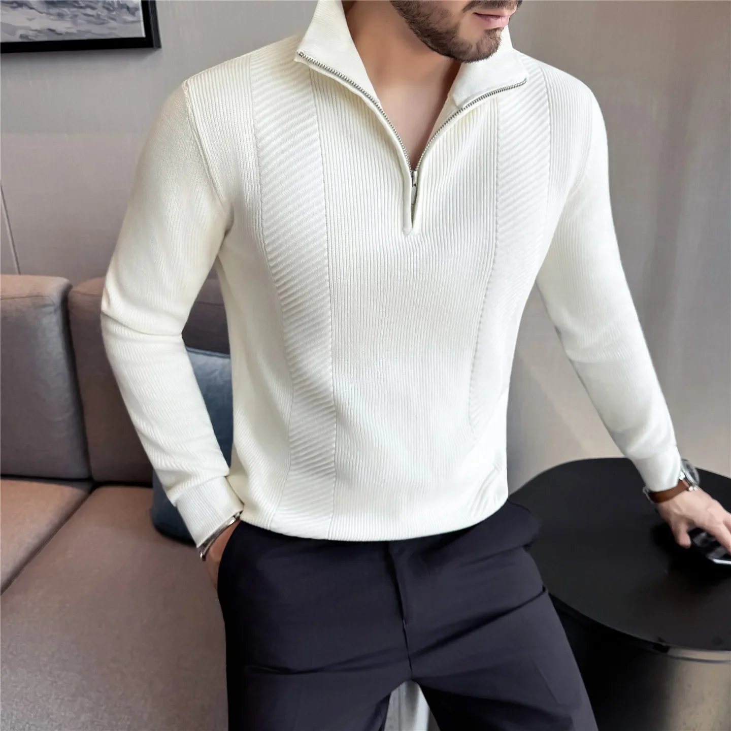 Semi-Zip Knit Sweater - White (Gray/Black)  Winter Weight Fabric Fashionable Semi-High Neck​ Daily Wear