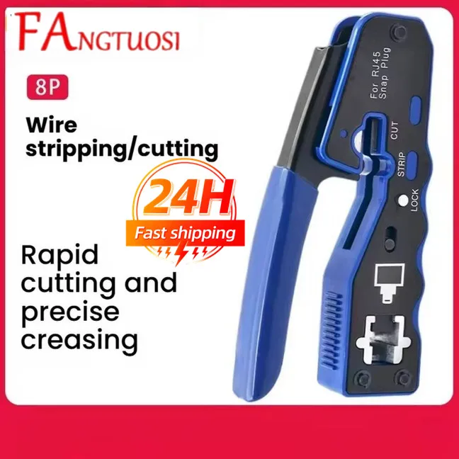 FANGTUOSI 8P RJ45 Pass Through Network Cable Crimping Tool, Wire Stripper/Cutter/Crimper All-in-One for Ethernet Cables