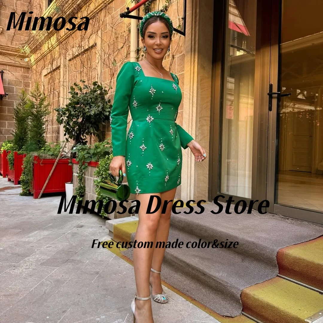 

Mimosa Green Satin Short Prom Dresses Bespoke Beading Long Sleeves Cocktail Party Dress Square Neck Mini Evening Gown Customized