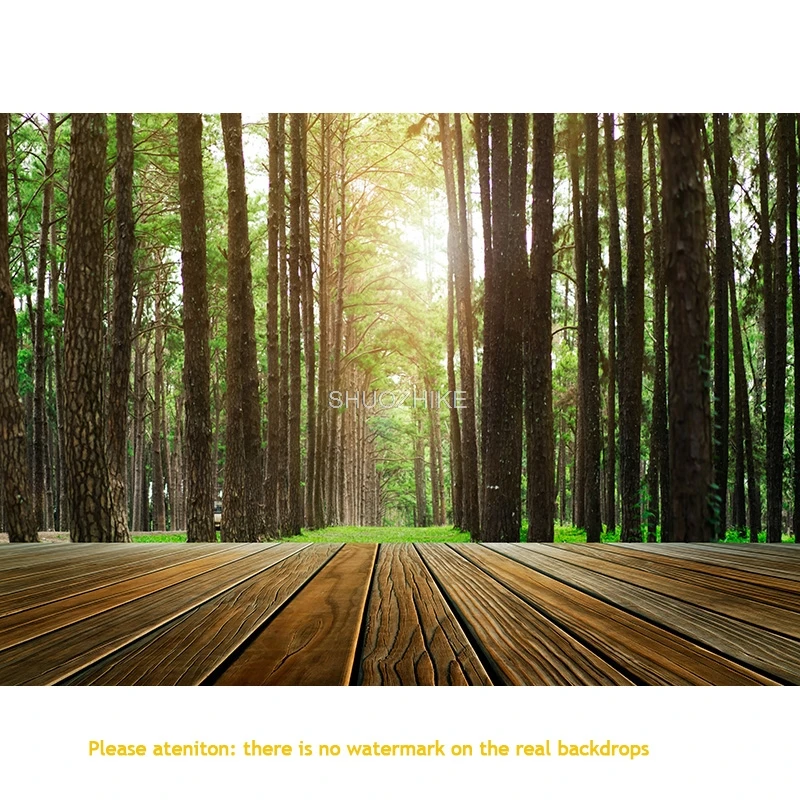 Empty Wooden Flooring On Green Forest Photography Backdrops Props Morning Sunshine Nature Landscape Summer Background ZL-04