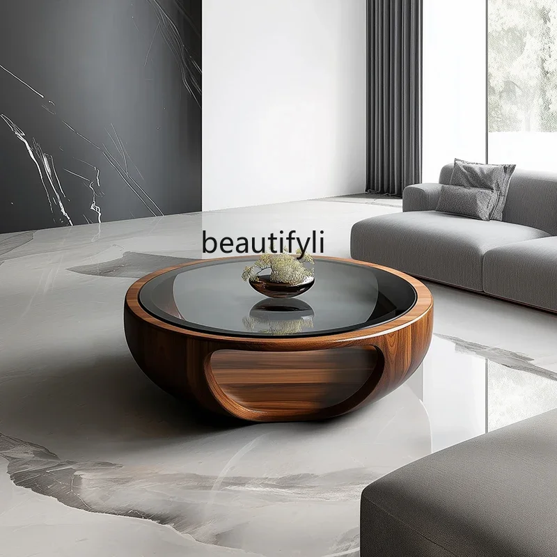 

Italian minimalist high-end all-solid wood glass coffee table living room home art round walnut tea table