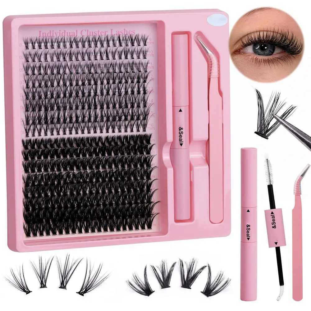 Novo kit de extensão de cluster diy, 2 tipos de cílios individuais, conjunto de cílios postiços finos e fofos com cola e pinça