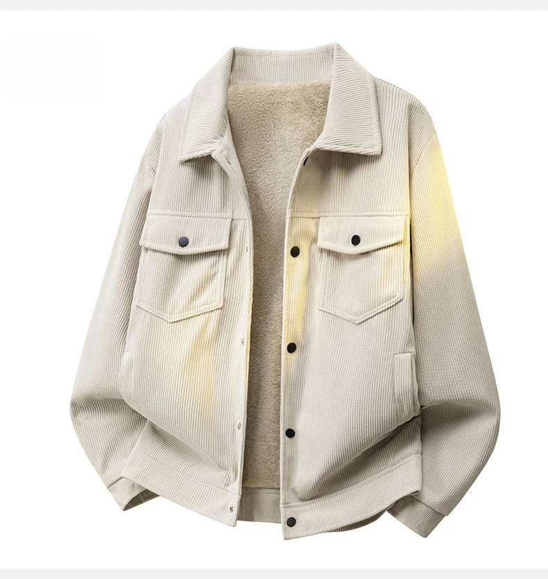 Winter-Fleece-Warme-Cordjacke für Herren, Revers-Cargojacke mit Innentasche, Arbeitsjacke mit Knöpfen, Dicker Grüner Mantel mit Taschen, Oberteile für Männer, S-4XL – Detail 9