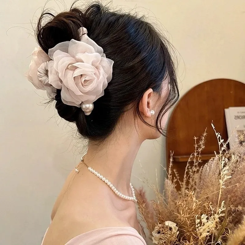Soft Mesh Flower Large Size Hair Claw for Women Girls Back Head Elegant Shark Clip Fashion Versatile Ponytail Clip Styling Tools