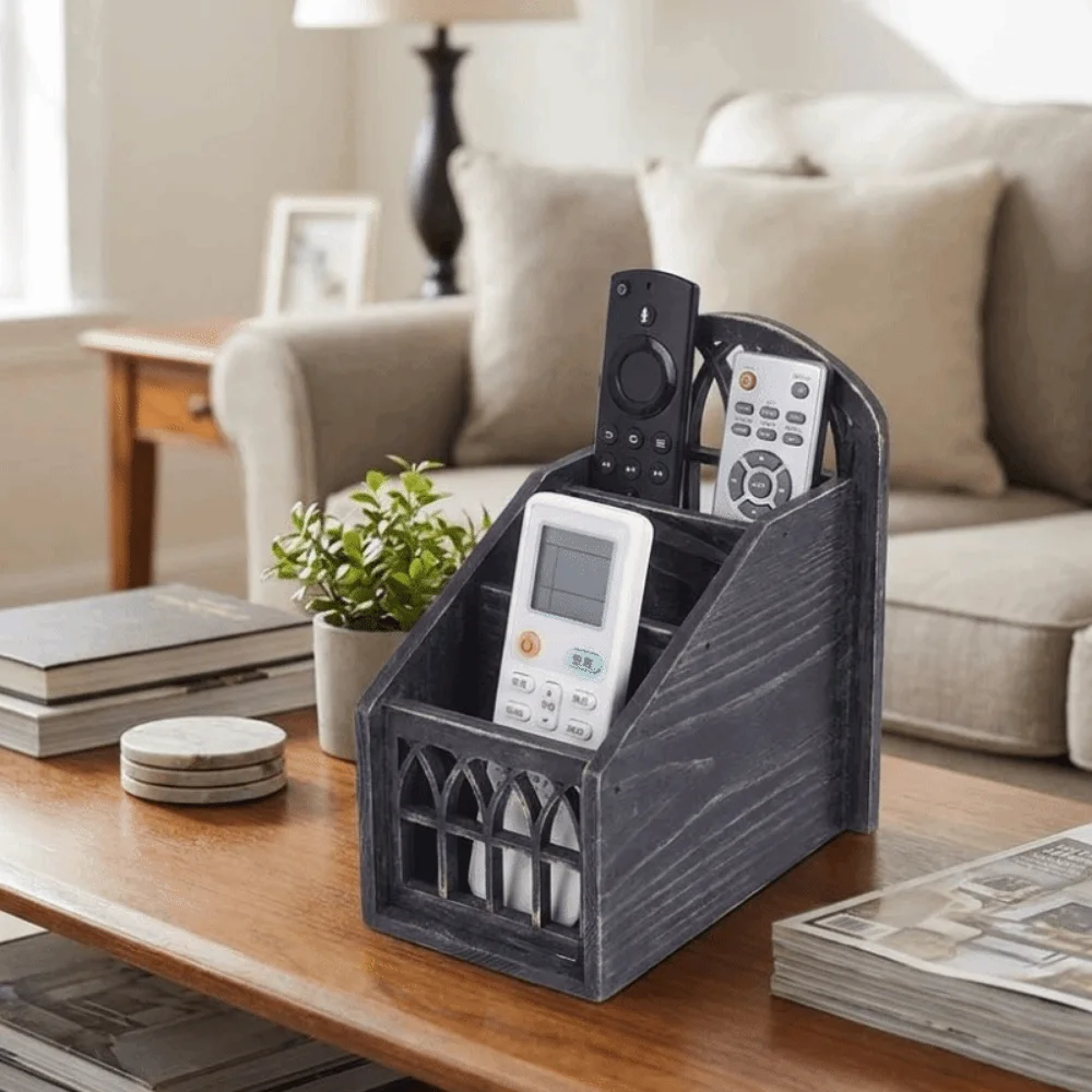 Pen Holder 3 Grids Remote Control Storage Box Vintage Style Wooden Remote Control Holder Decorative Remote Container Office