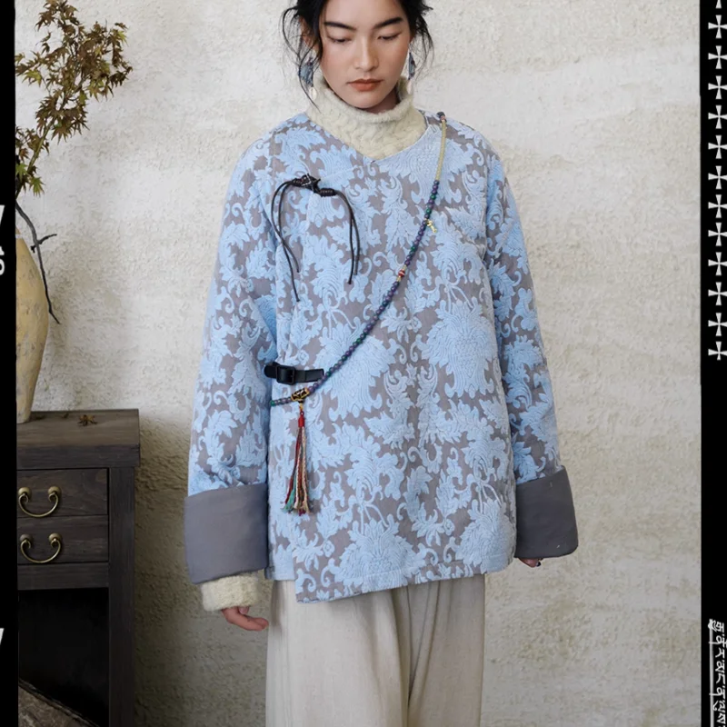 

Chinese Tibetan Women's Sky Blue Plush Jacquard Cotton Jacket Warm Jacket