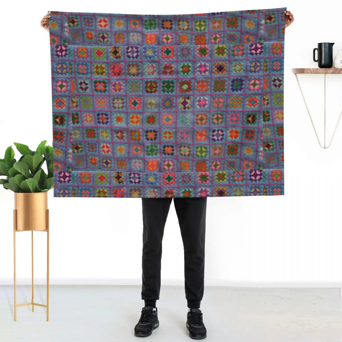 Granny square afghan - multi on blue Throw Blanket Plush Thin manga Designers Luxury Brand Blankets