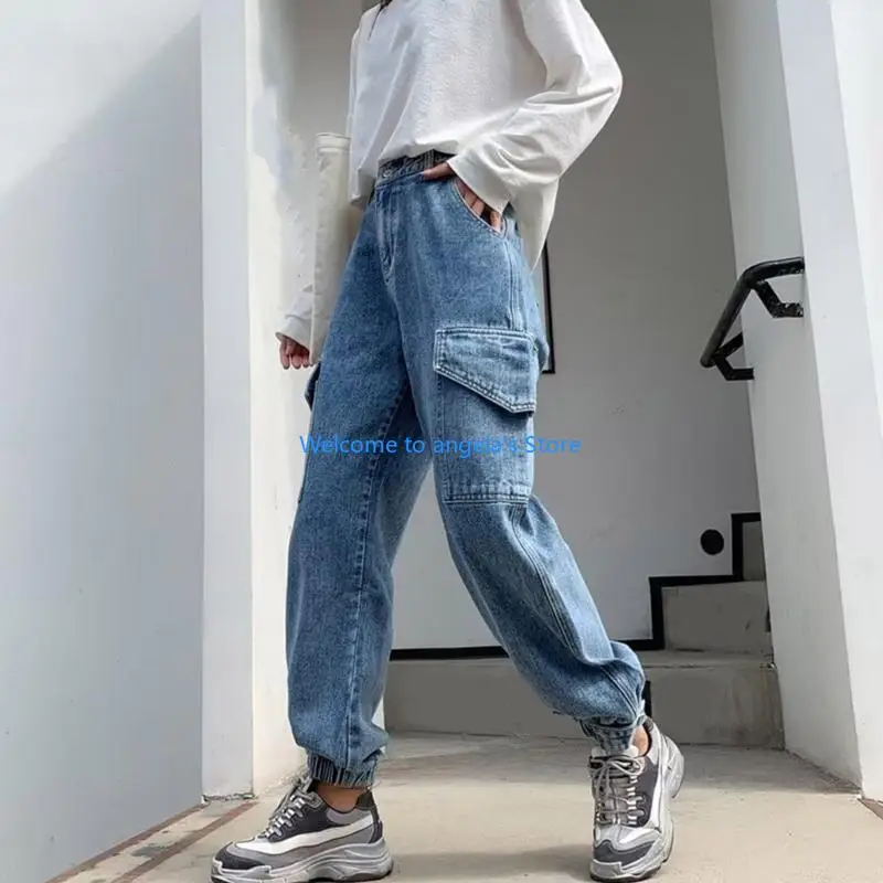 X4YC Womens Elastic High Waist Loose Cargo Jogger Jeans Pant with Side Flap Pockets