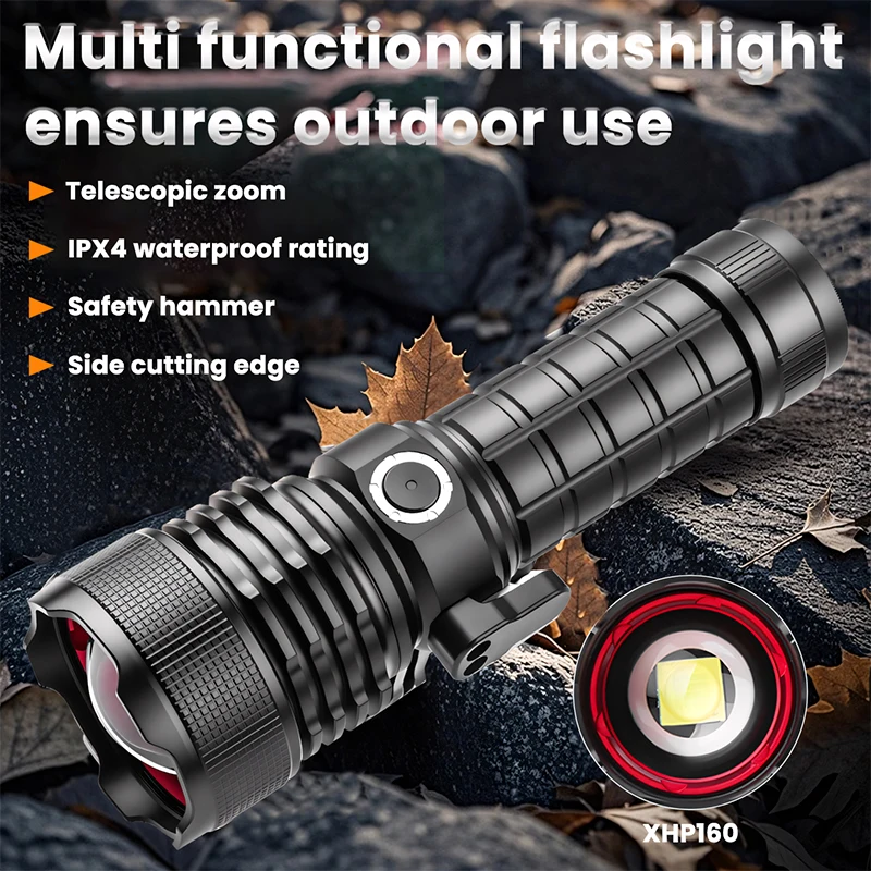 New multi-functional XHP160 ultra-bright flashlight with Type-C charging, featuring a powerful light beam and a window-breaking