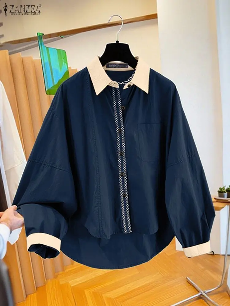 2023 ZANZEA Büro Shirts Frauen Herbst Patchwork Bluse Mode Revers Hals Langarm Tops Casual Tasten Blusas Tunika Oversize