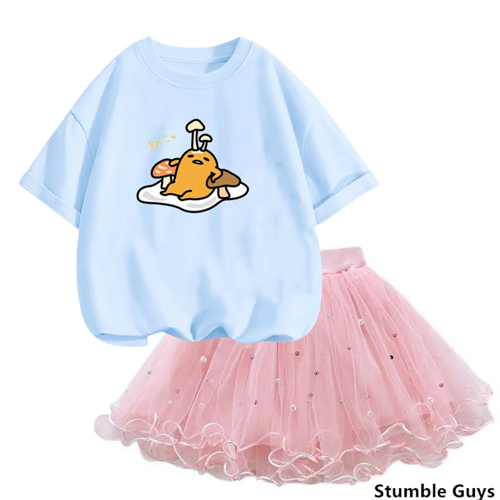 Summer Little Girls kawaii gudetama T Shirt& mesh Tutu Skirt Two Piece Set Fashion Korean Children Clothes Outfits 3-14years