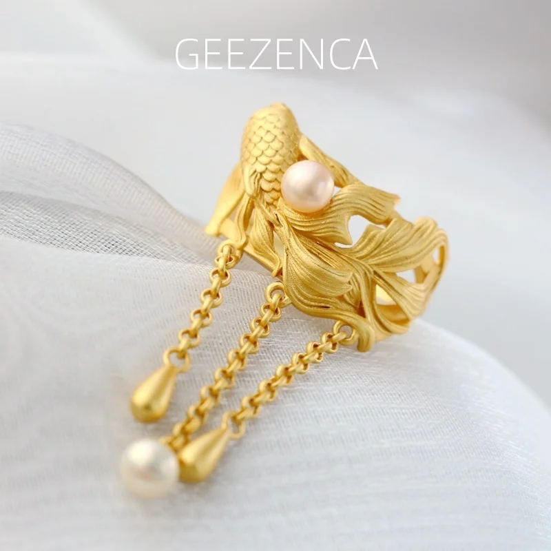 

GEEZENCA S925 Silver Goldplated Natural Pearl Goldfish Tassel Resizable Ring For Women Cute Chic Rings Fine Jewelry Party Gift