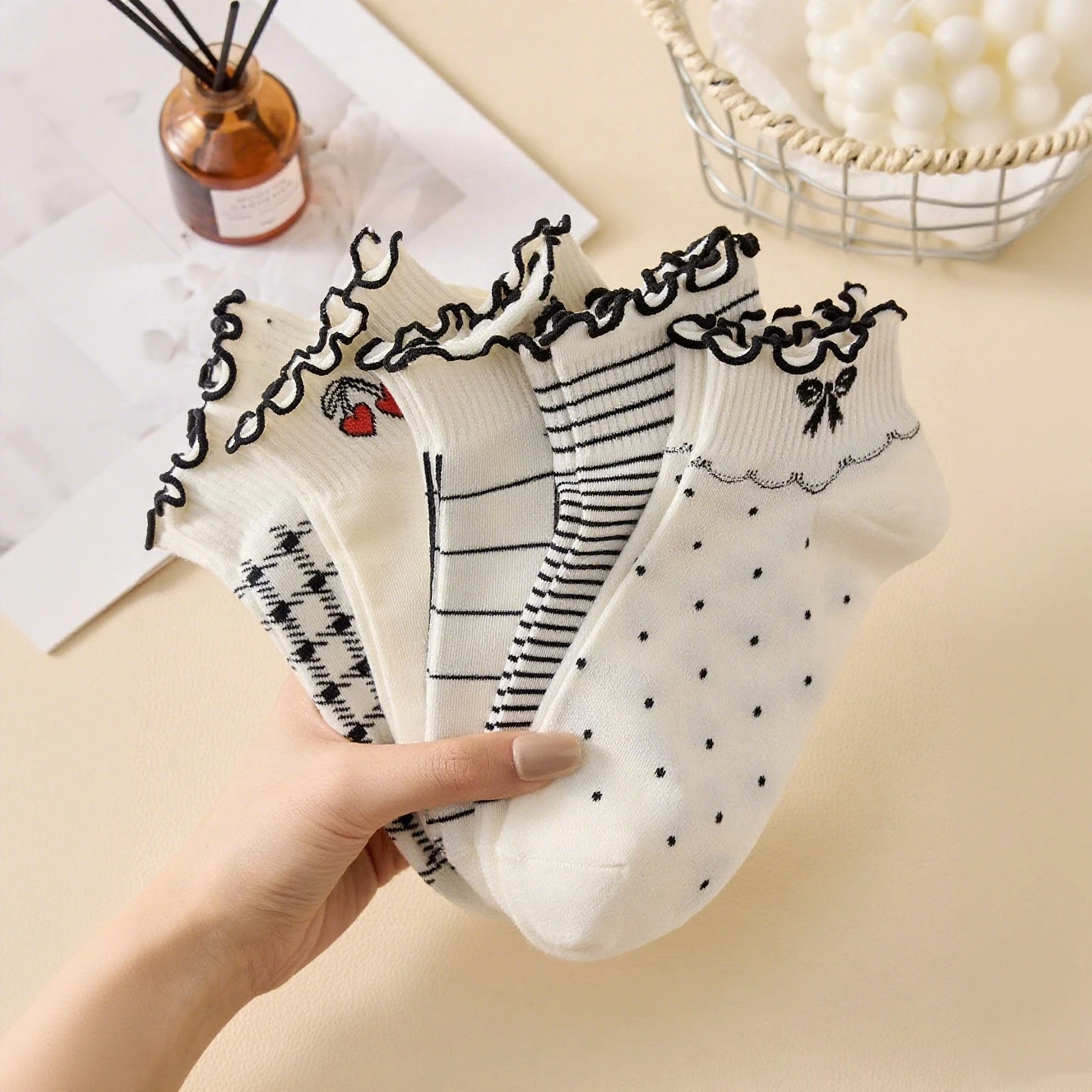 

5-пара изысканных полосатых женских носков с закрученными краями в студенческом стиле, повседневная одежда, милые и повседневные короткие носки для студентов