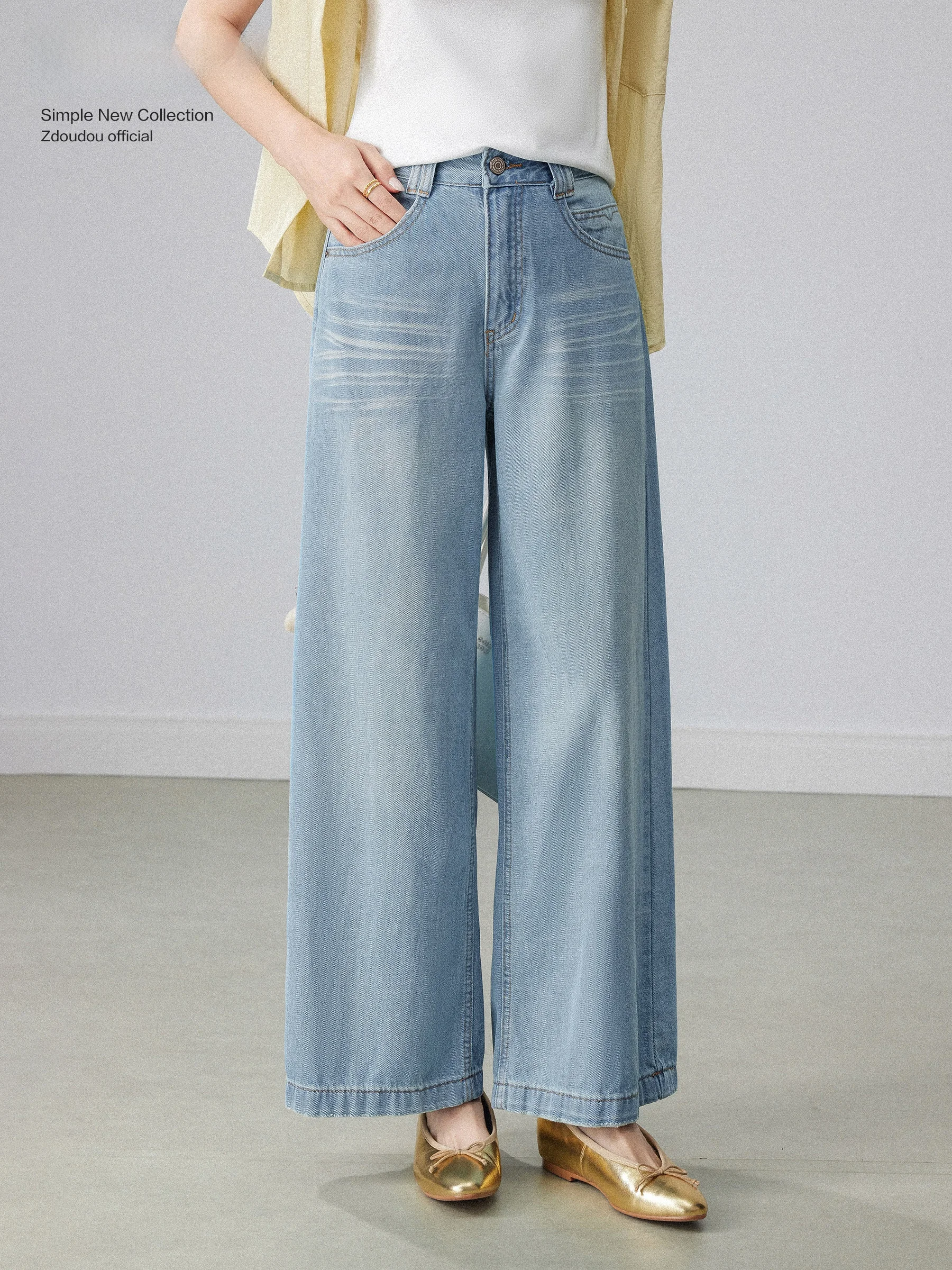 

Синие джинсы с высокой талией, женские, свободного кроя, повседневные, универсальные, летние, новая модель, широкие брюки, стройнящие и драпирующиеся.