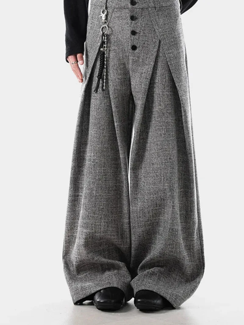 Korean Style Men Suit Trousers Striped Design Contrast Color Pleated Drape Bottom Breasted Loose Wide Leg Male Pants 9X6YJ