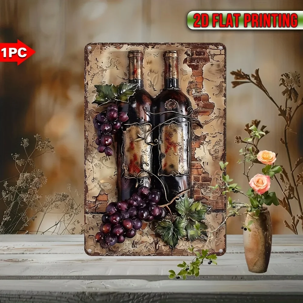 Letrero artístico de pared de hierro con temática de vino vintage plano 2D, 8x12 pulgadas, placa decorativa de metal con diseño de racimo de uva rústica, impresa con rayos UV