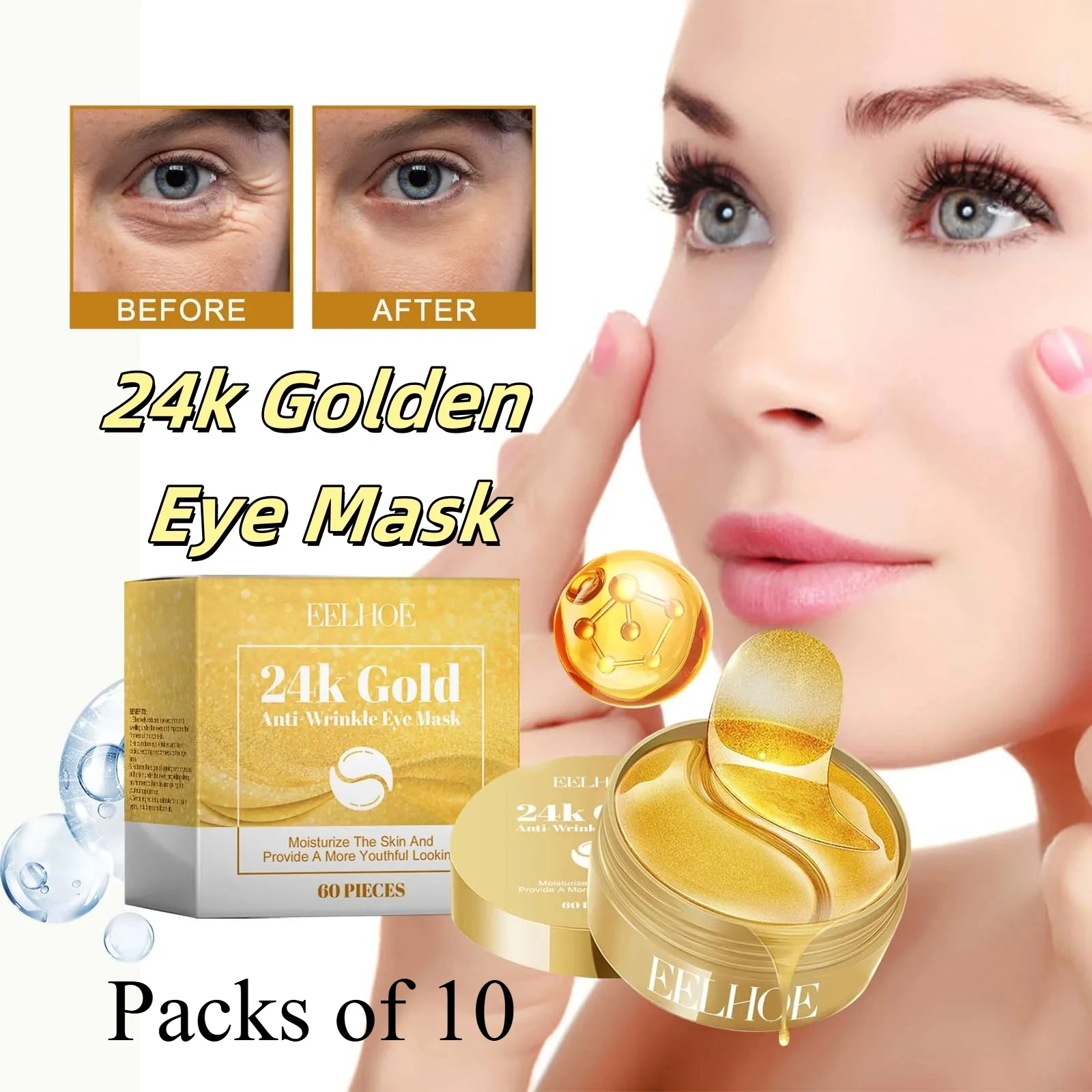 24k Golden Eye Mask Collagen Anti Wrinkle Eye Patch Lighten Dark Circles Improve Eye Lines Firm Skin Anti-Aging Skincare Product