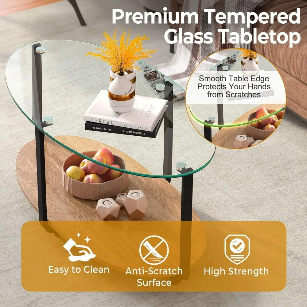 Glass Coffee Table, 2 Tier Oval Tea Table with Tempered Glass Tabletop and Wooden Shelf, Modern Glass Sofa Center Table
