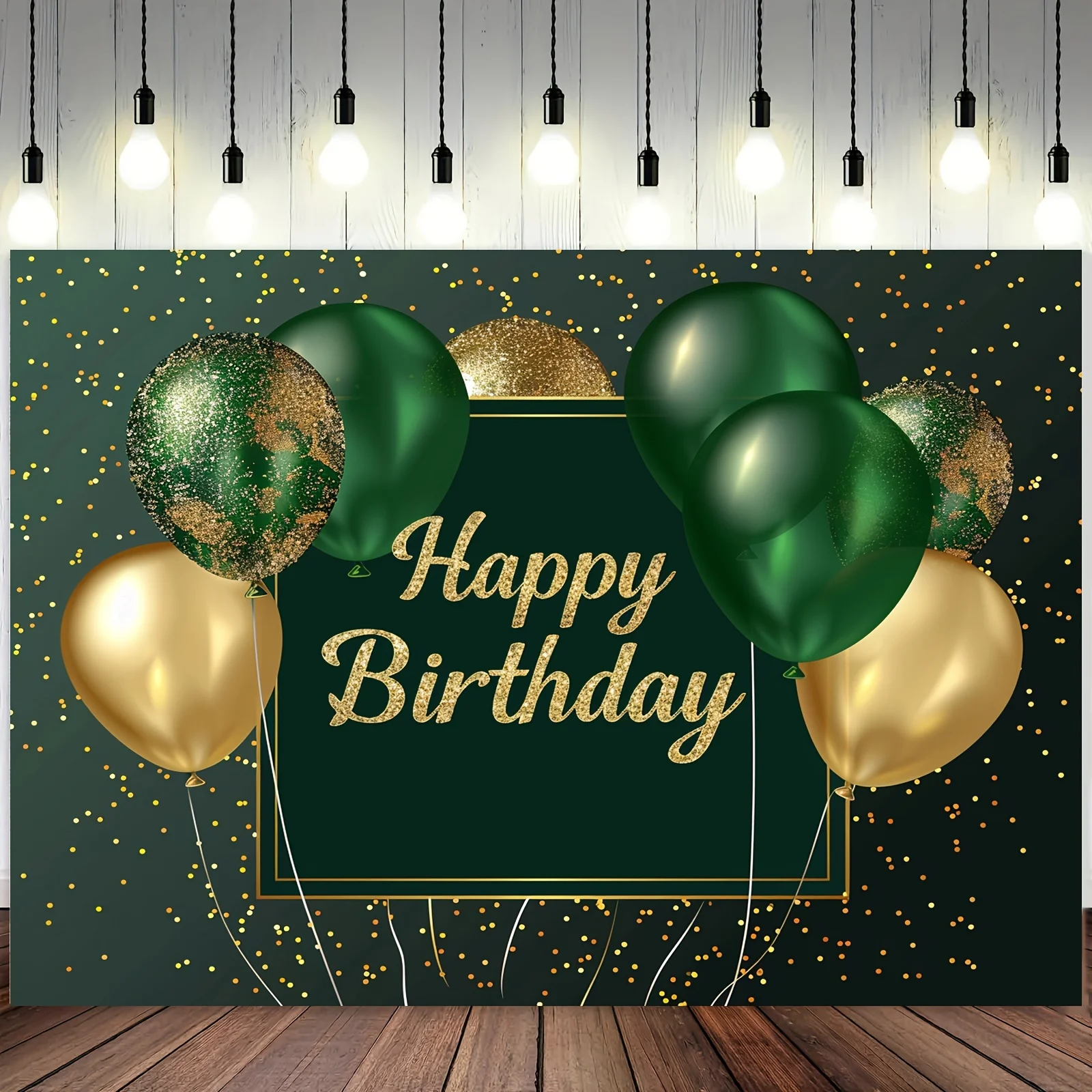 Happy Birthday Banner – grüner und goldener Polyesterhintergrund mit losem Boomball, Mehrzweck-Party für drinnen und draußen