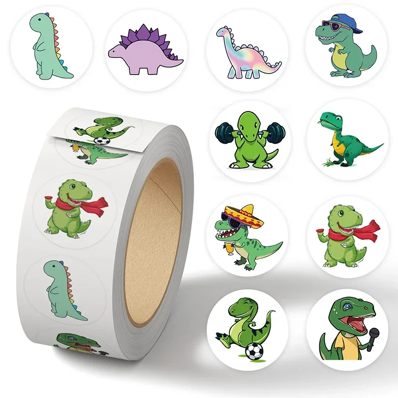500PCS Cartoon Dinosaur Roll Sticker School Supplies Child Learning Reward Decal DIY Guitar Helmet Water Cup Laptop Decals Toy
