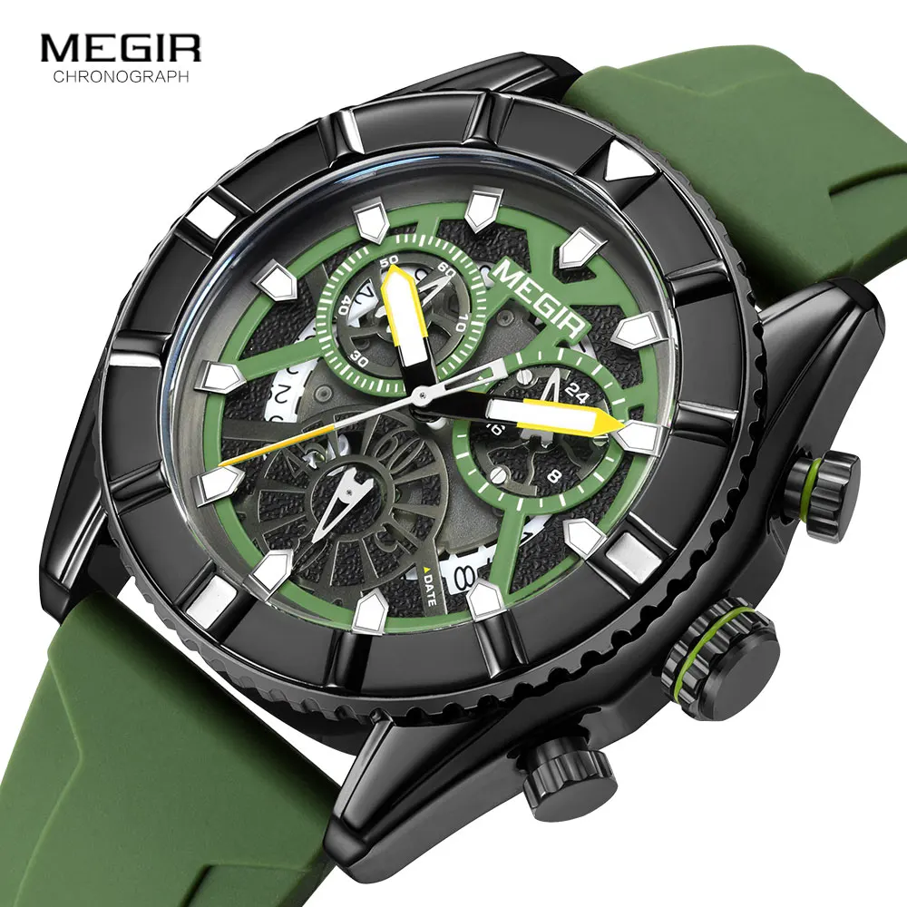 

MEGIR Men Quartz Watches Military Sports Chronograph Wristwatch with Auto Date Olive Green Silicone Strap часы relogio masculino