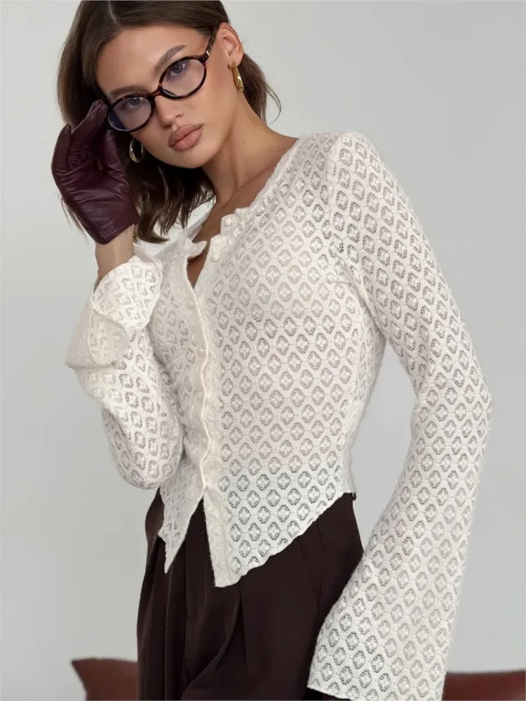 

Women's Clothing Round Neck Lace Knitted Cardigan Long Sleeves Slim Solid Color Simple Style Hollow Out Bodycon all-match Trendy