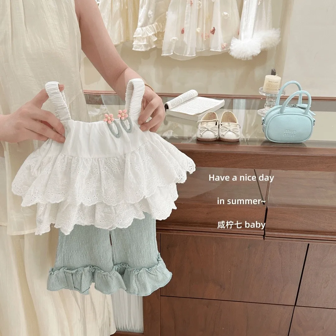 

Girls Summer Outfit French Style Ruffle Trim Top And Flared Pants Two-Piece Set Fashionable Baby Clothing Children's Summer Wear