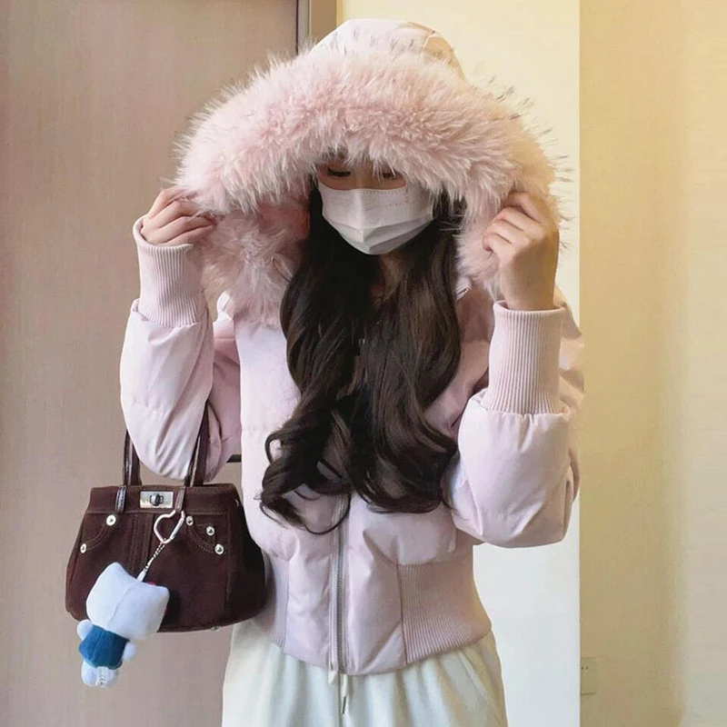 White Hooded Parkas Women Fashion Pink Faux Fur Patchwork Puffer Jacket Korean Zipper Down Coats Winter Cotton Padded Outerwears