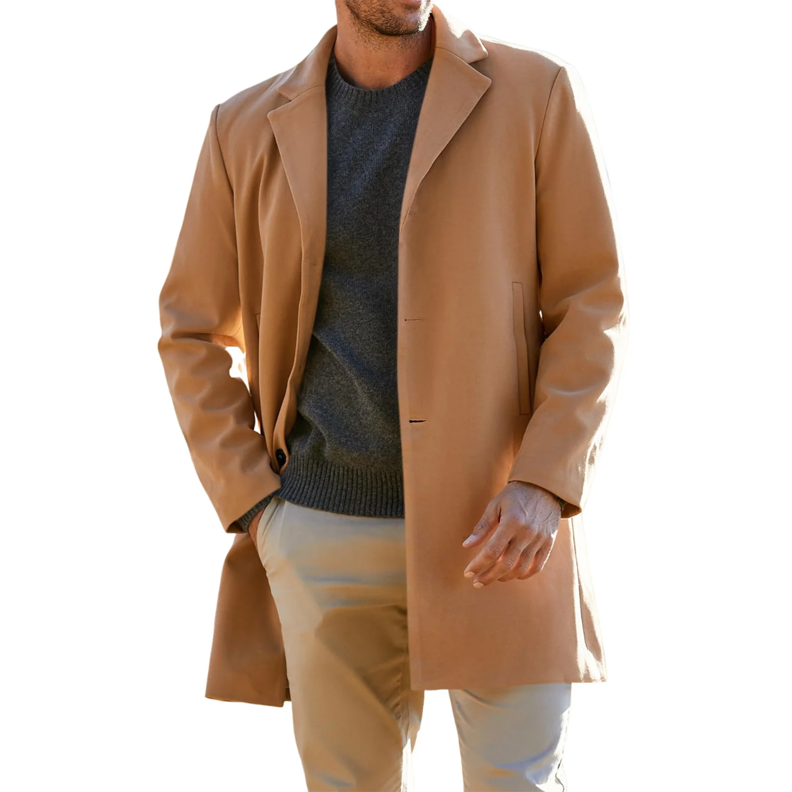 

Men Woolen Overcoat Fitting Mid-Length Notched Collar Single Breasted Trench Coat Daily Business Casual Fashion Matching Jackets