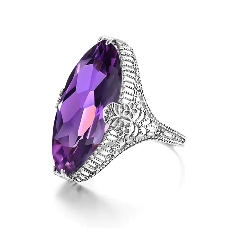 Gorgeous Big Marquise Purple CZ Finger Ring for Women Hollow Out Flower Aesthetic Lady Accessories Wedding Trendy Jewelry