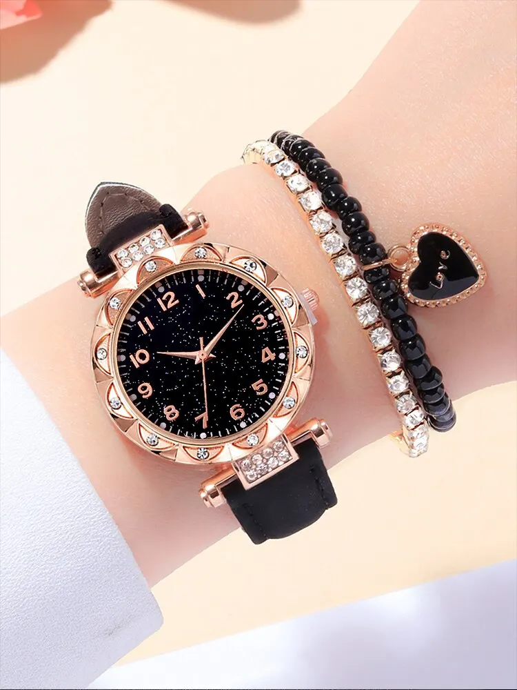 3PCs Fashion Versatile Starry Sky Diamond Embedding Women\'s Belt Quartz Watch with Diamond Embedding Bracelet Set