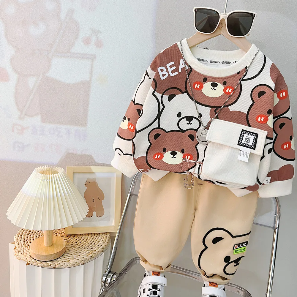 2024 Spring New Baby Boys Clothing Sets Cartoon Bear Long Sleeve Round Neck Sweatshirt + Sweat Pants Children\'s Casual Clothes