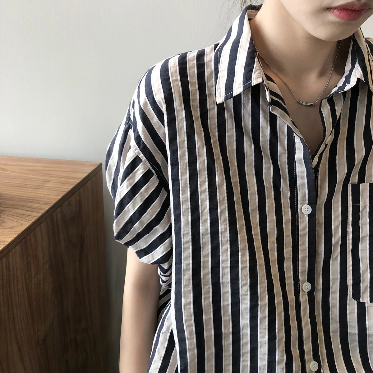 2023 SummerShort Sleeve Striped Blouse for Women Button Up Shirts Korean Fashion Loose Tops Elegant Ladies Clothing JZ6232