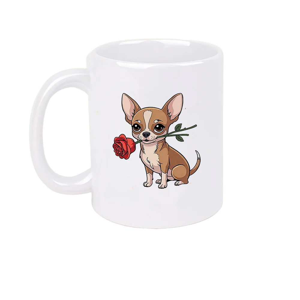 11oz Ceramic Coffee Mug with Chihuahua Holding Rose Print Valentine's Day and birthday Holiday Present Home Use Birthday Present