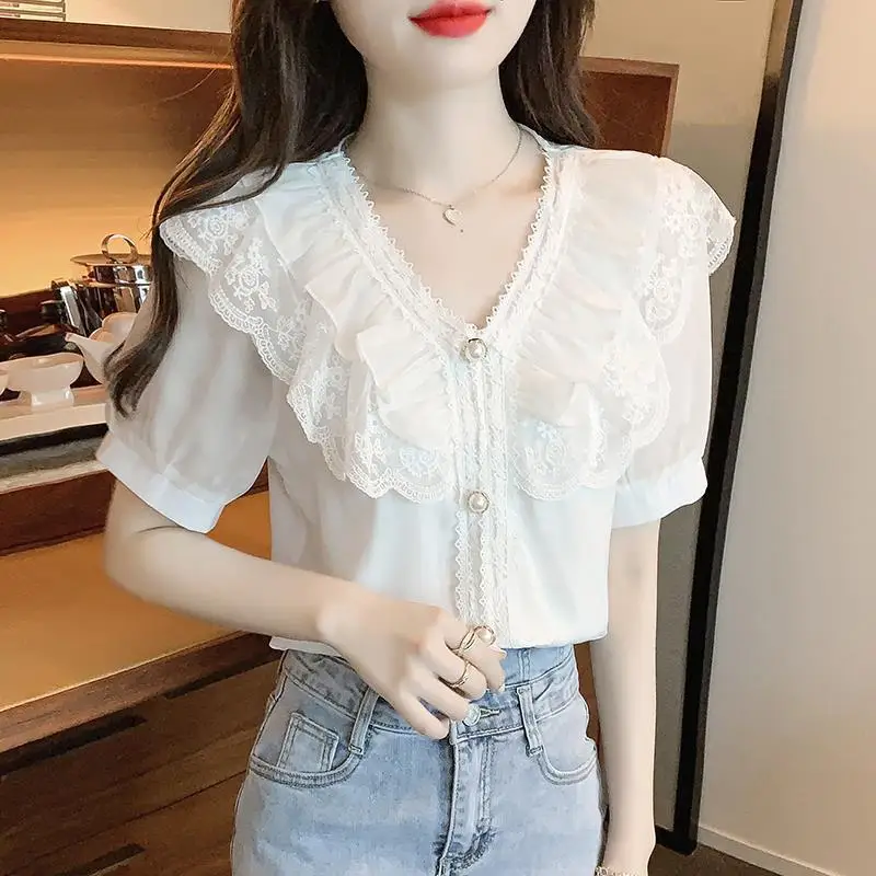 Women\'s Summer Stylish Ruffle Lace Patchwork Blouse White Elegant Chic Sweet Beaded Shirt V Neck Short Sleeve Tops Casual Blusas