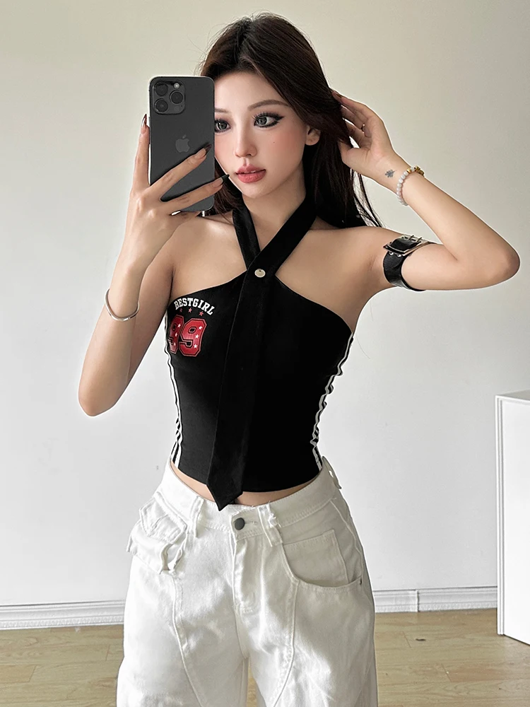 Doce legal menina listra carta impressão pendurado ne colete feminino picante versátil fino ajuste cinta weide puss ort sle verão 2024