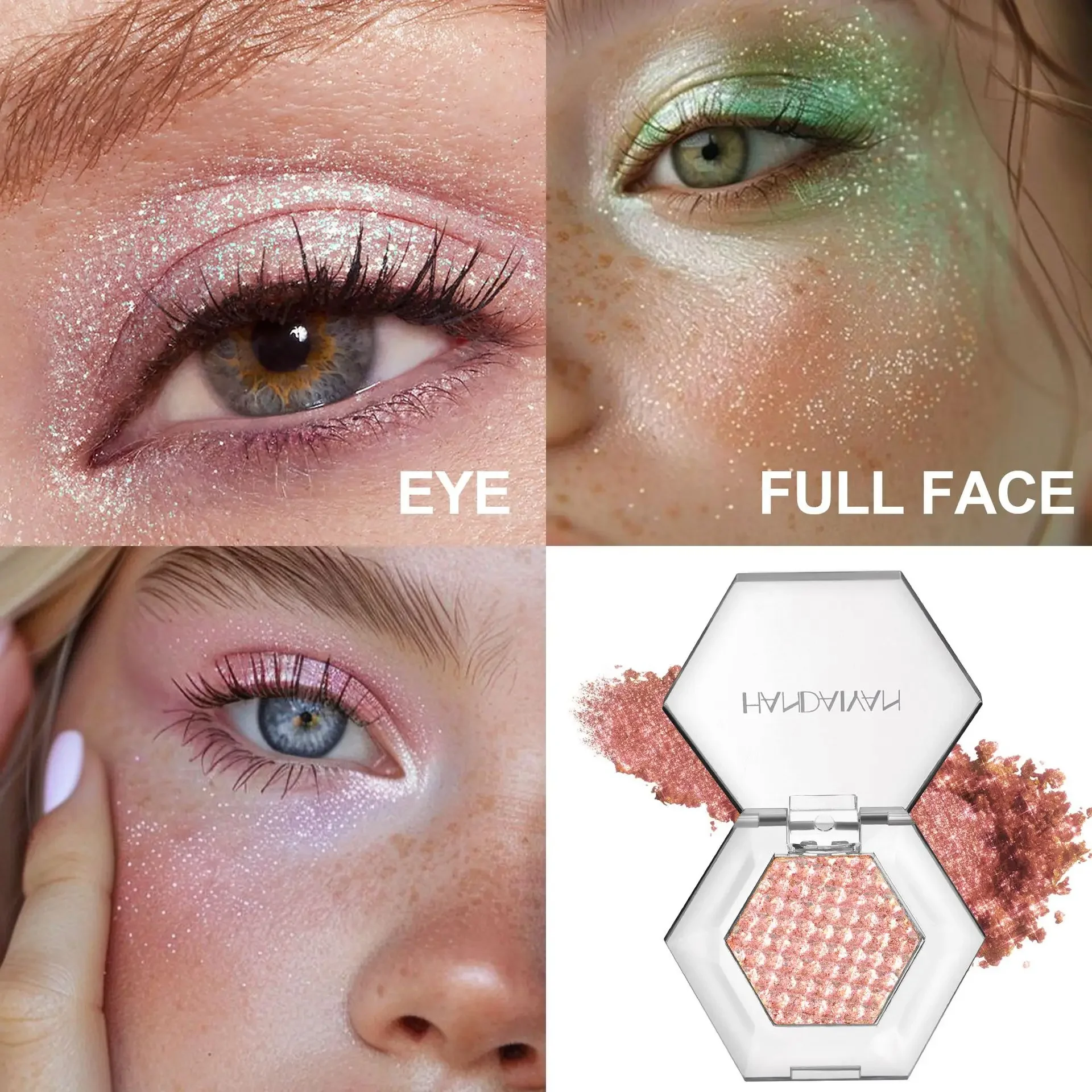 Paleta de sombras de ojos hexagonales, resaltador holográfico con purpurina ultrafina, camaleón, puré de patatas, placa de maquillaje iluminadora