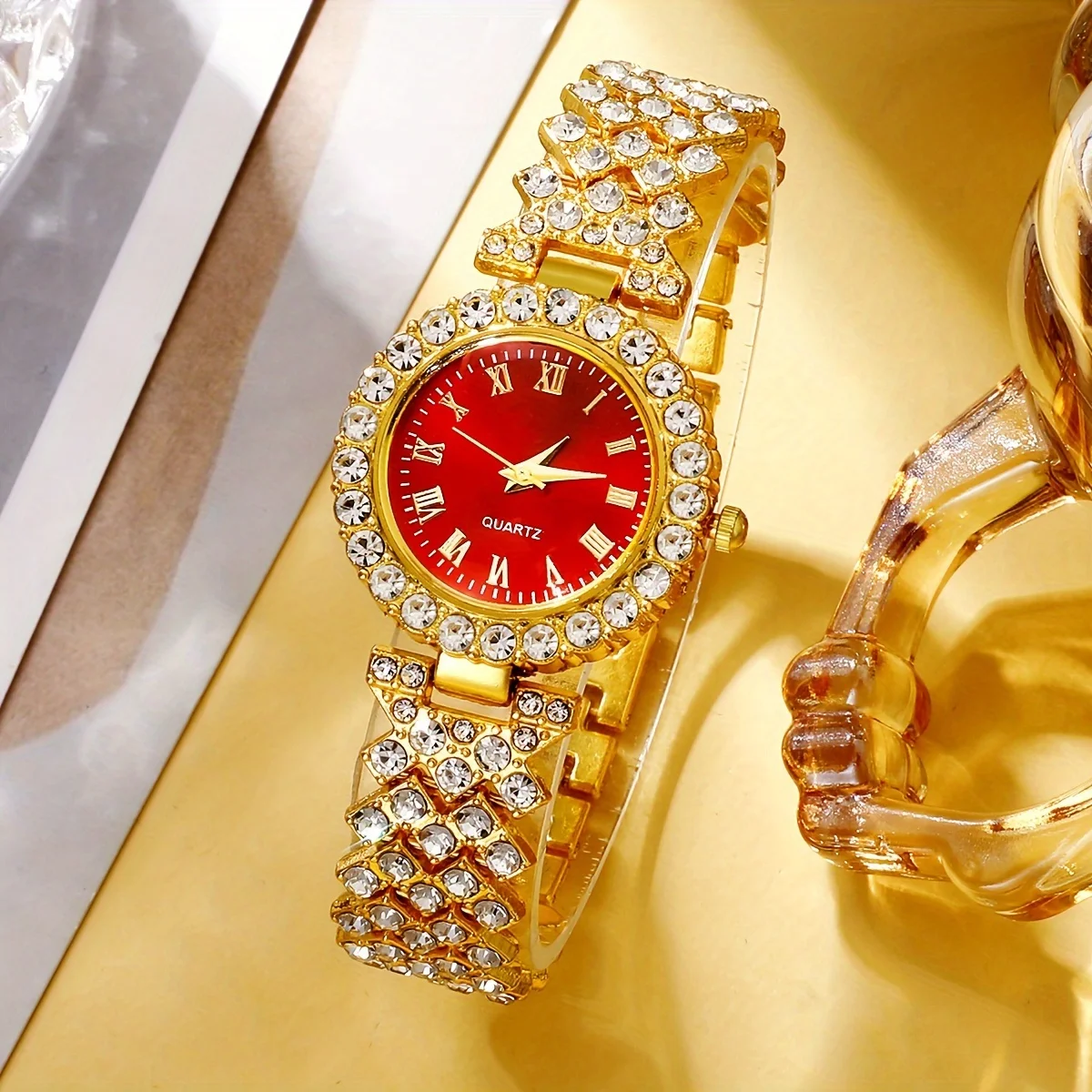 Four piece watch set with diamond studded Roman numeral quartz watch set