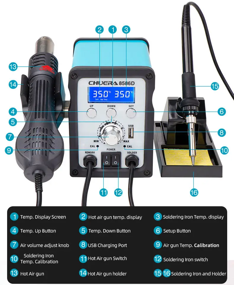 Chuera 8586D pistol udara panas 2 In 1, stasiun solder pengerjaan ulang tampilan Digital otomatis tidur USB pengisian pistol penyolderan panas