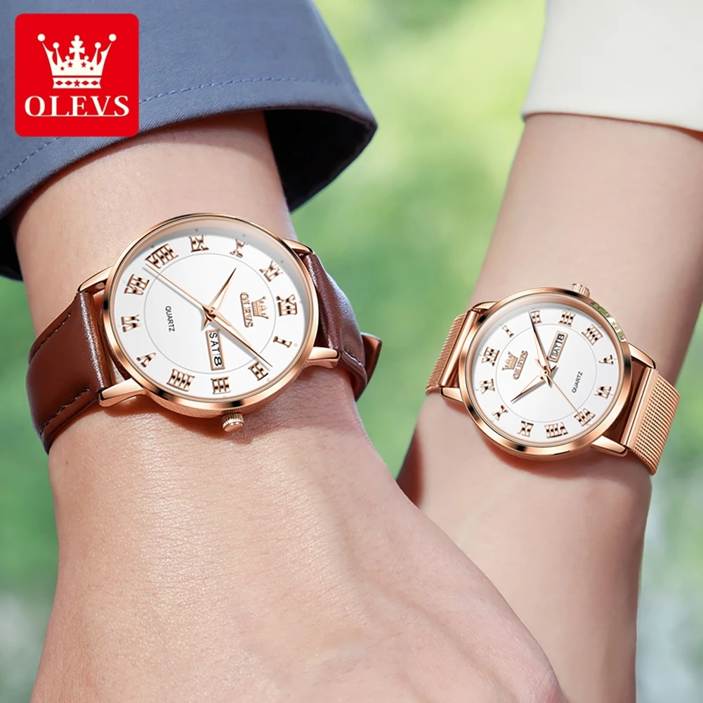 OLEVS-Montre de couple à quartz étanche pour hommes et femmes, marque de mode, semaine Shoe, calendrier, luxe, amoureux, montres, nouveau, 2024