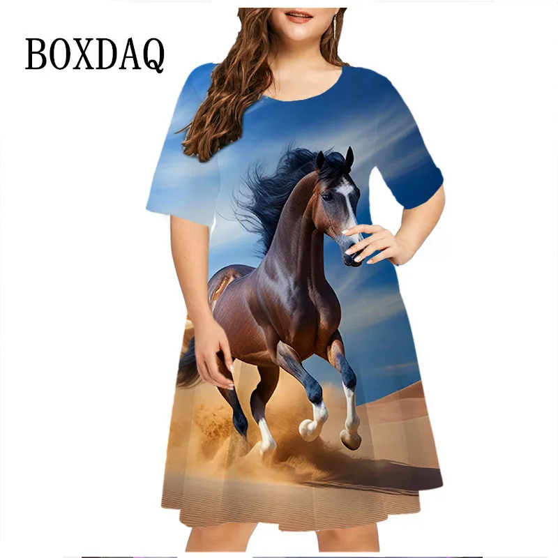 Grassland Running Animals Horse Dresses For Women Clothes Oversized Summer Casual Short Sleeve Print Dress Loose Plus Size Dress