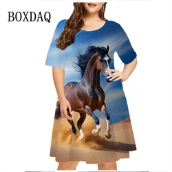 Robe imprimée à manches courtes pour femmes, robes de course d'animaux de prairie, vêtements de cheval, grande taille, été décontracté