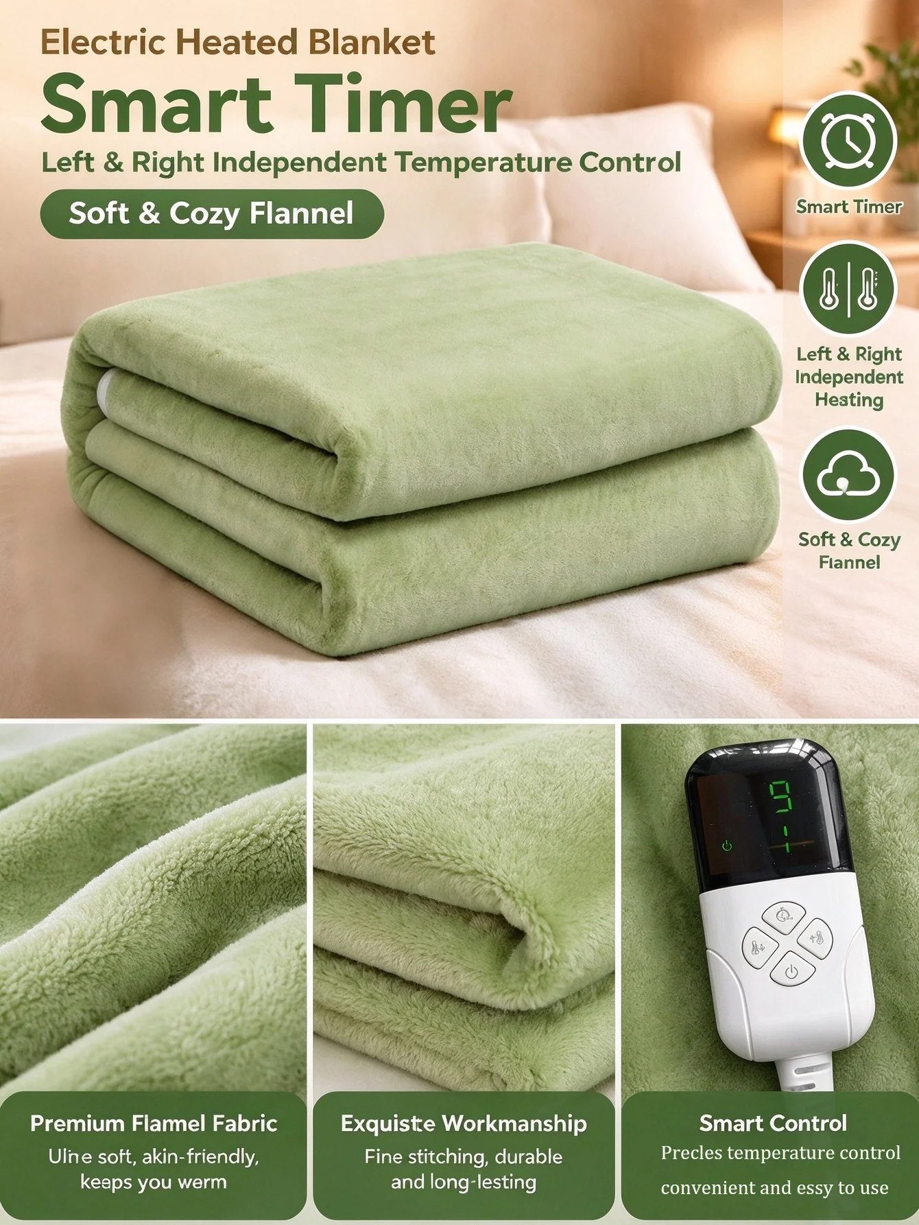 Flannel Electric Heated Blanket Dual Zone Left & Right Separate Control Smart Timer 1-12H Auto Off Fast Even Heating Ultra Soft